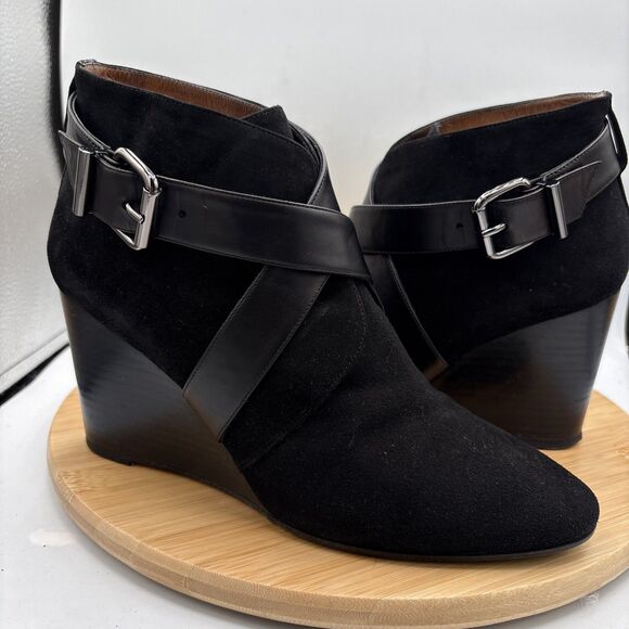 Aquatalia Women Wedge Booties 10 Black  Suede Cross Buckle Strap Tillie Style - Picture 1 of 11